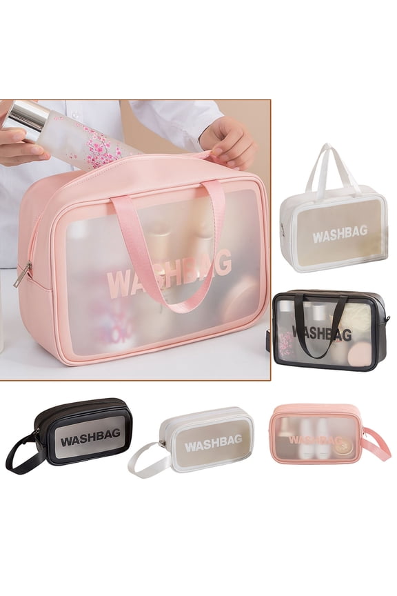 Portable (Made of PVC & Leather) Large-capacity Translucent Travel Wash Bag, Waterproof Stain Resistant Matte Makeup Cosmetic Bag, Skin Care Product Storage Pouch