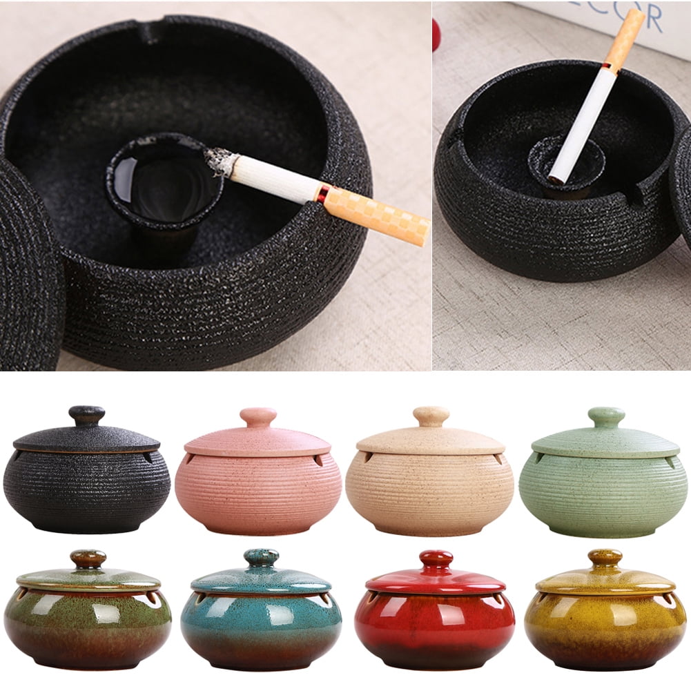 Walbest Portable Round Ceramic Pot Cigarette Ashtray Holder with Lid Home  Office Decor Ashtray
