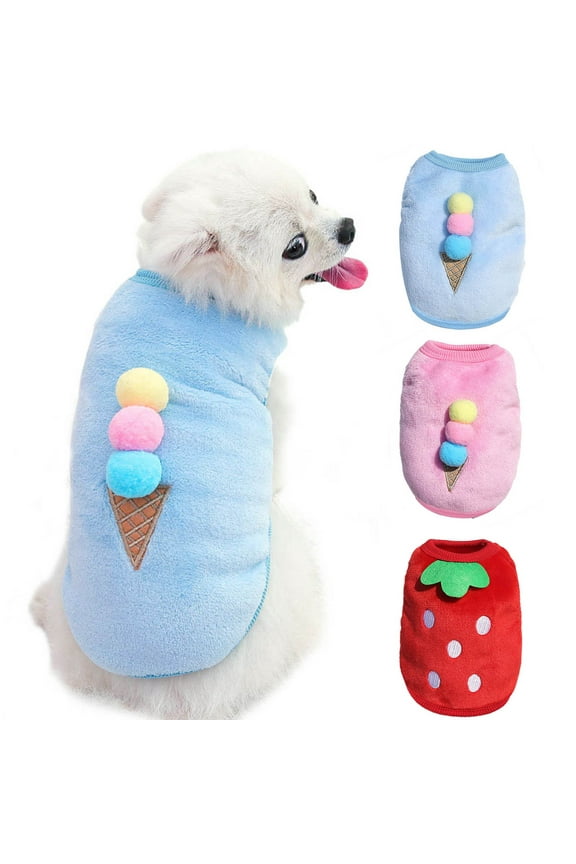 Puppy Clothes for Dogs Boy Girl Winter Warm Sweaters Strawberry Ice Cream Decoration Vest Flannel Pet Costume Cut Soft Pet Apparel for Puppy Kitten Pig Rabbit Ferret