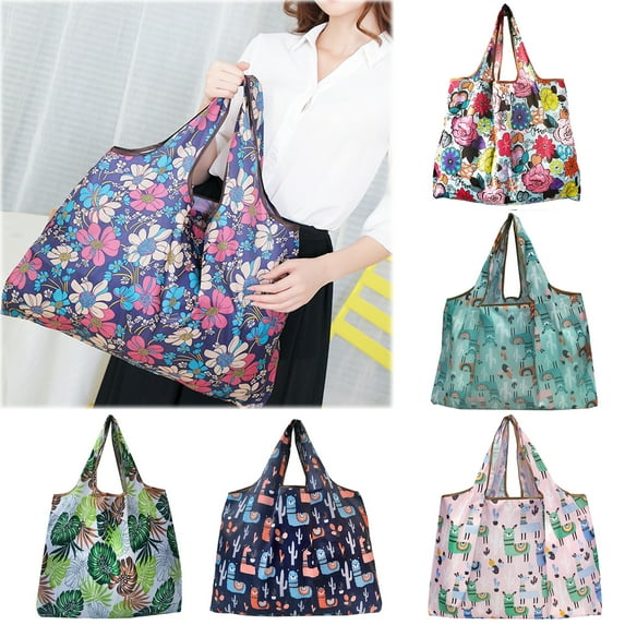 Walbest Reusable Printed Grocery Bag, Colorful Foldable Nylon Shopping Bag, Waterproof Machine Washable Tote Bag, 15.75" x 15.75" x 9.45"