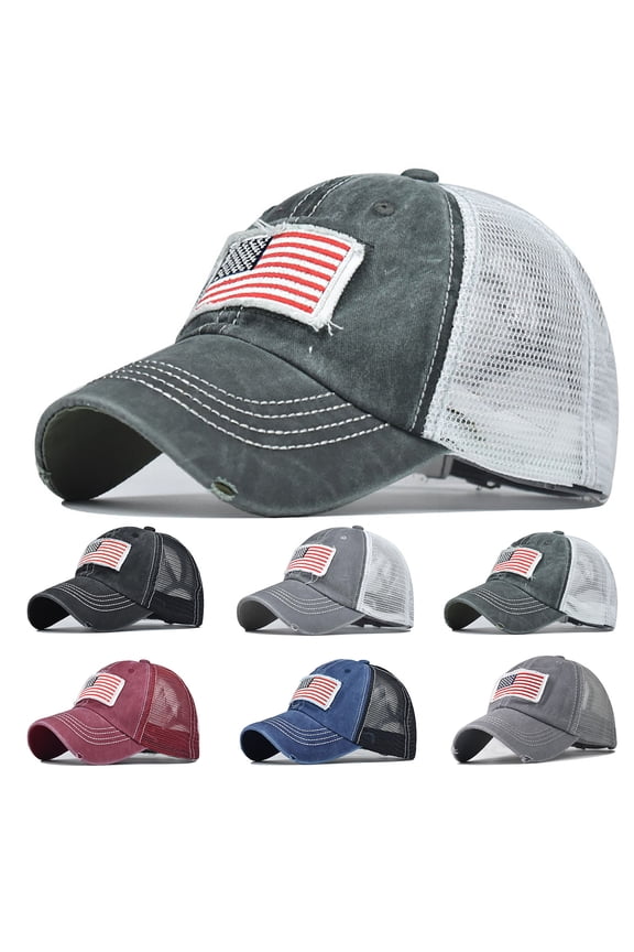 Ripped Ponytail Baseball Cap with Embroidered American Flag Pattern Summer Sun Breathable Unisex Peaked Cap Adjustable
