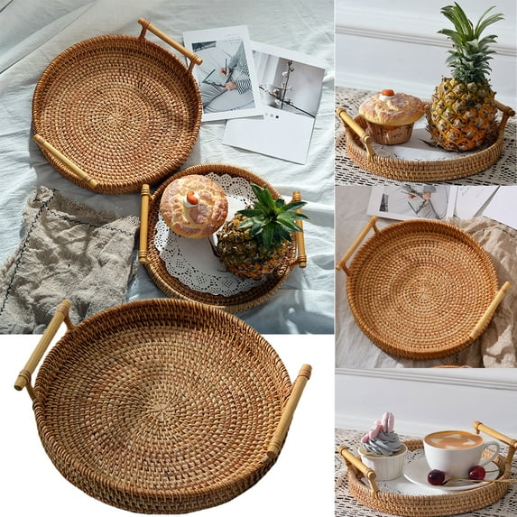 Walbest Round Rattan Woven Bread Basket, Tray Handmade Food Storage Holder with Handle Drink Snack Basket Organizer (3 Sizes)