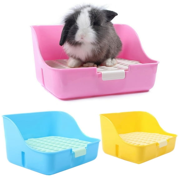 Walbest Small Animal Rabbit Litter Toilet, Plastic Square Cage Box Rat Potty Trainer Corner Grate Litter Bedding Box Pet Pan for Guinea Pigs, Chinchilla, Ferret, Galesaur, Bunny (Yellow)