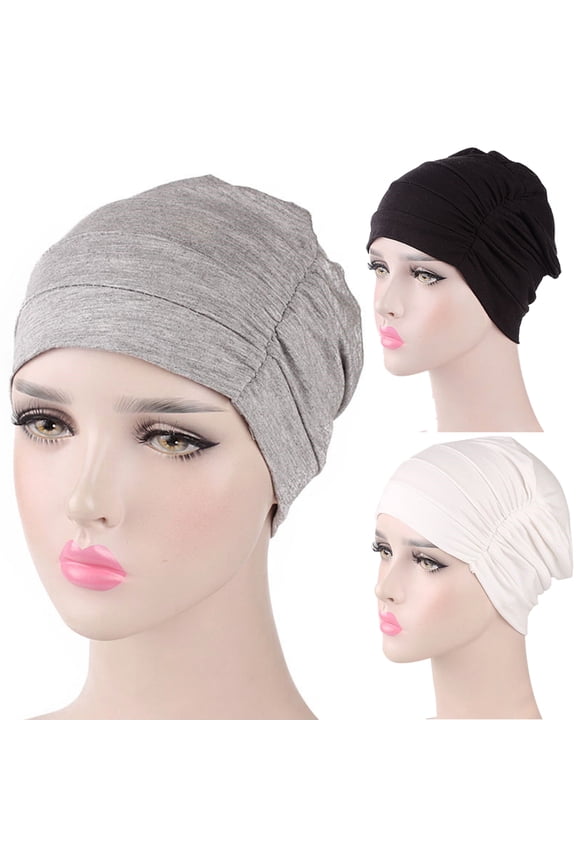 Solid Color Women Pleated Cotton Beanie Cap Hair Loss Sleeping Chemo Hat