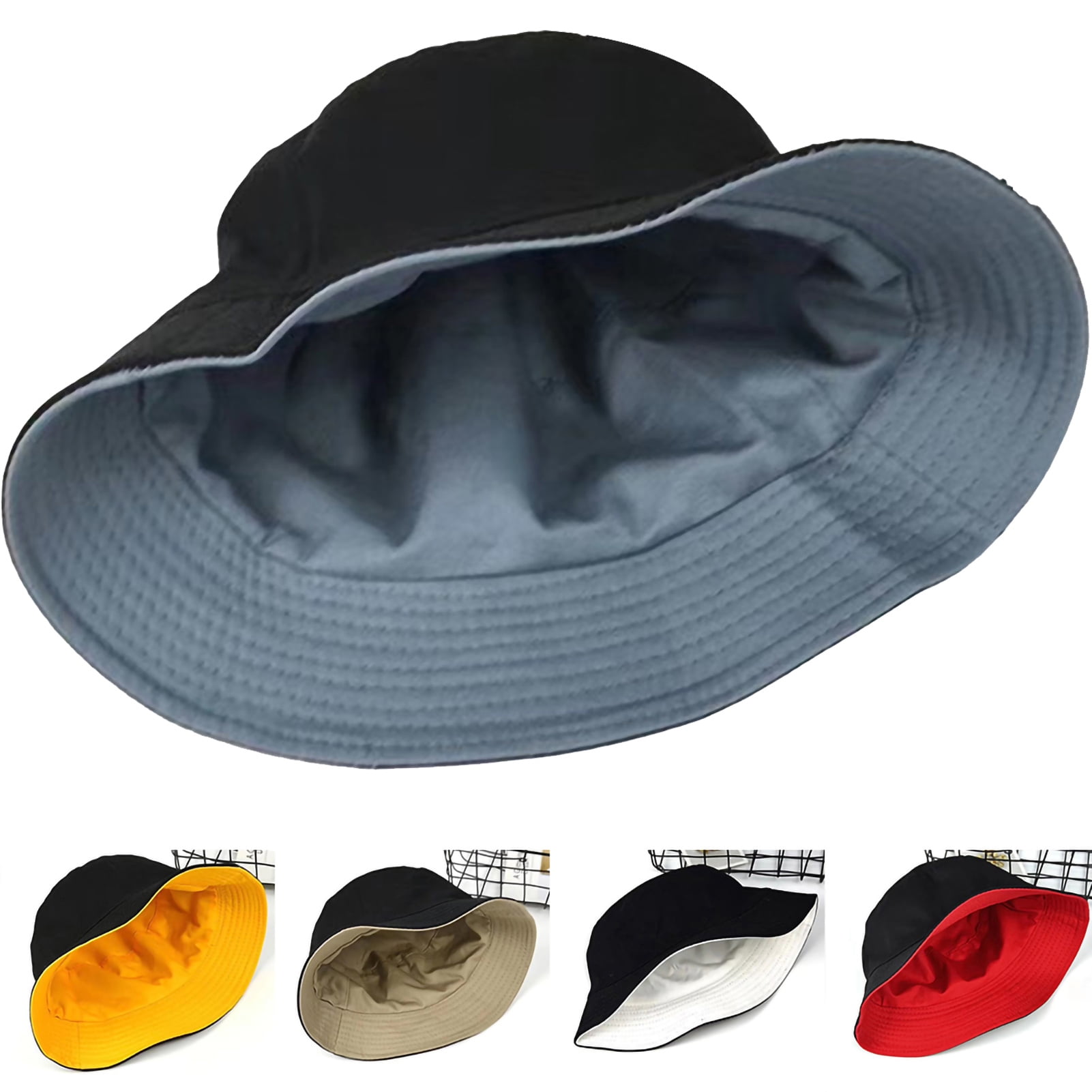 6768 10 PCs Bucket Hats Unisex, Solid Color Sun Hat Cap Sumer Beach Outdoor 18280-Black-8-  main image 3