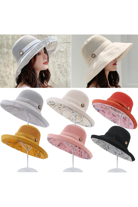 Summer Mesh Sun Hat for Women Lightweight Beach Hat Floral UPF50+ Packable Wide Brim Bucket Hat with Chin Strap