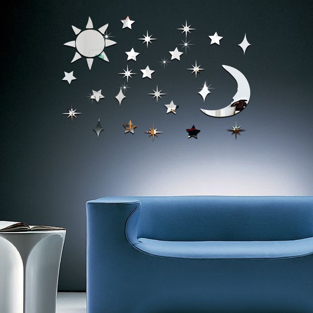 Walbest Sun Moon Stars DIY Acrylic Mirror Wall Art Sticker Decals ...