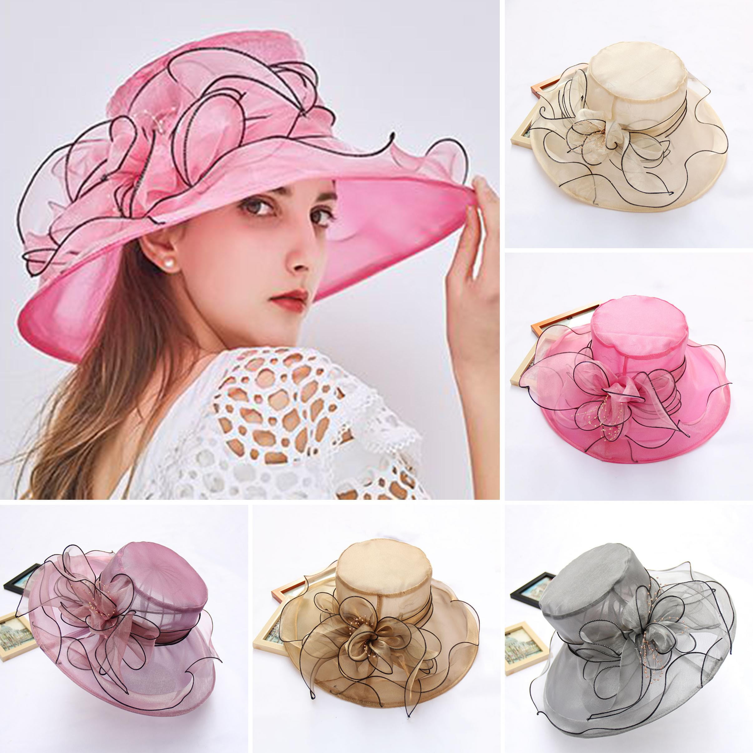 Walbest Thin Elegant Organza Church Fascinator Hat for Women, Flower  Wedding Tea Party Hat Wide Brim Sun Hat