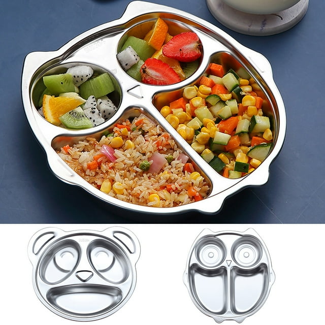 Walbest Toddler Plate Grid Design Shatter-resistant Stainless Steel Baby Panda/ Owl Shape Cartoon Dish Tableware(Not Include Spoon)