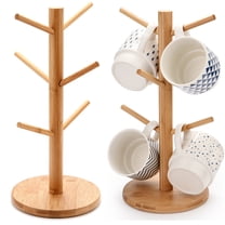 Walbest Tree Shape Wood Mug Stand Holder, Cup Rack Tree Shelf, Kitchen Coffee Mug Tree Countertop Tea Cups Holder Stand, Coffee Cup Dryer with 6 Hooks