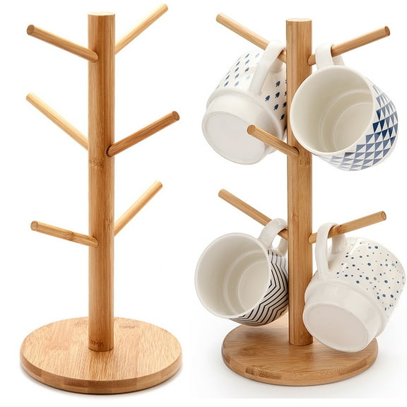Walbest Tree Shape Wood Mug Stand Holder, Cup Rack Tree Shelf, Kitchen Coffee Mug Tree Countertop Tea Cups Holder Stand, Coffee Cup Dryer with 6 Hooks