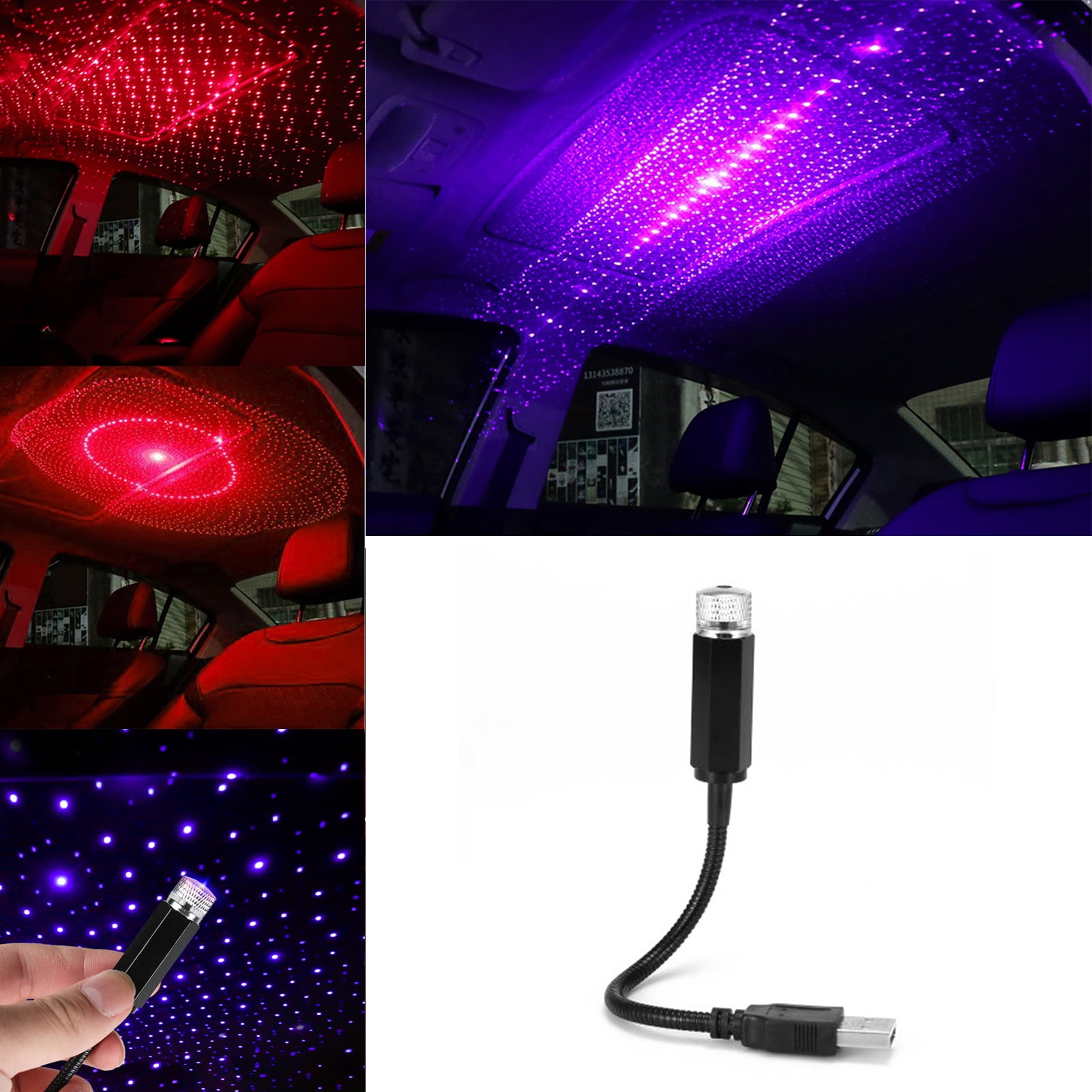 Walbest USB 360 Degree Car Roof Star Lamp Starry Projector Night Light LED  Car Interior Ambient Light, Plug and Play 