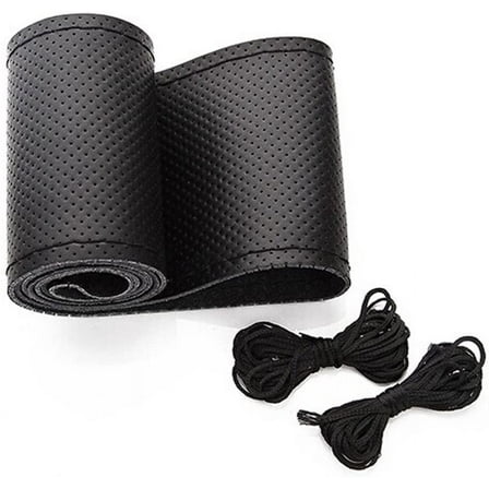 Walbest Universal Leather Car Steering Wheel Stitch On Wrap Cover DIY Sewing Breathable and Anti Slip, 15-Inch (Black)