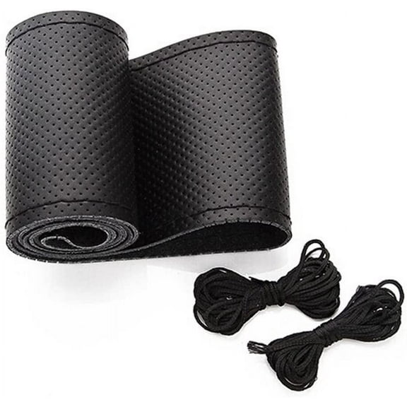 Walbest Universal Leather Car Steering Wheel Stitch On Wrap Cover DIY Sewing Breathable and Anti Slip, 15-Inch (Black)