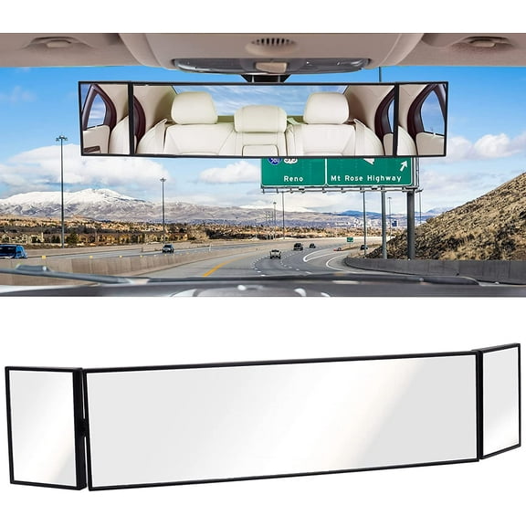 Walbest Wide Angle Rear View Mirror, 15.2"L x 3.15" H Large HD Tri-Fold Panoramic Car Rear view Mirror Suitable for Most Cars