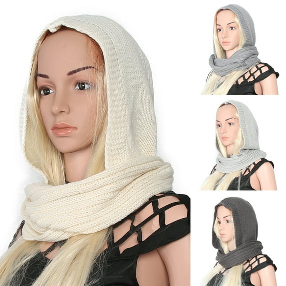 Walbest Winter Womens Thick Warm Knit Hooded Scarf Pullover Headscarf Hoodie Hat, Muslim Women Woolen Hooded Hat Scarf Wrap Shawl Crochet Knit Neckwarmer (Black)