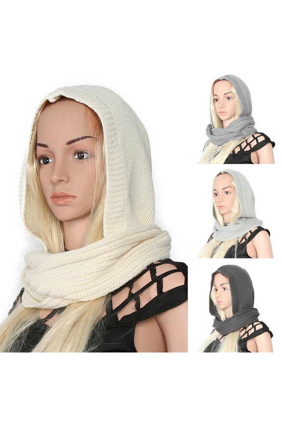Winter Womens Thick Warm Knit Hooded Scarf Pullover Headscarf Hoodie Hat, Muslim Women Woolen Hooded Hat Scarf Wrap Shawl Crochet Knit Neckwarmer (Beige)