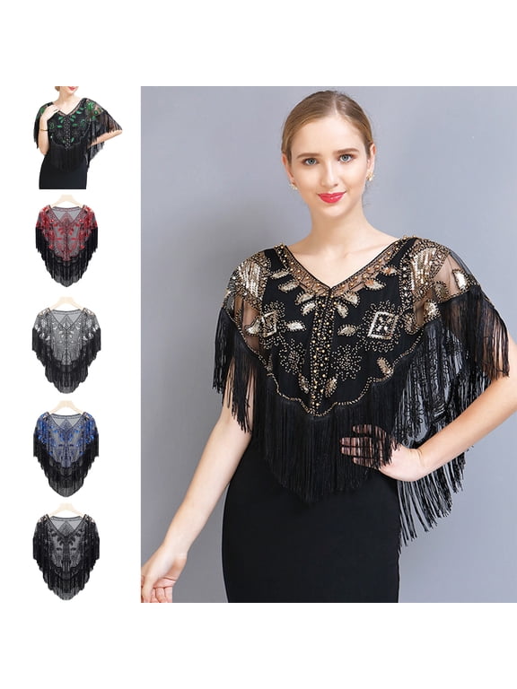Women 1920s Sequined Shawl Tassels Beaded Faux Pearl Fringe Solid Color Sheer Mesh Wrap Cape Cover Up V Neck See-through Cape