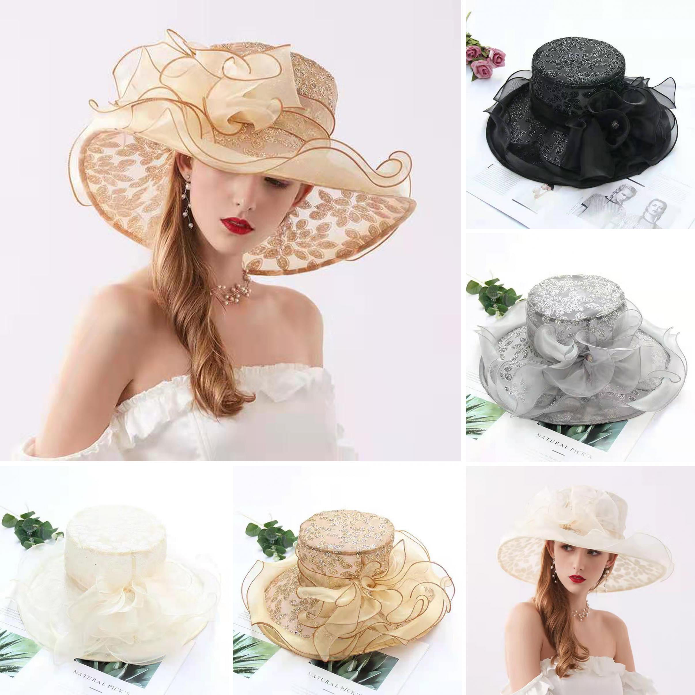 Walbest Women Church Cap Wide Brim Cloth Flower Foldable Hot Stamping  Sequins Sun Hat Wedding Bowler Hat