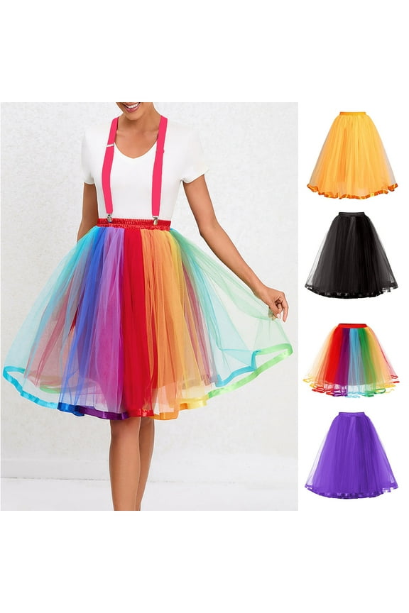 Women Colorful Gauze Skirt Elastic Waist Rainbow Color Tutu Skirt with Ribbon Edge Multi Layer Full Mesh Skirt