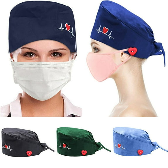 Walbest Women ECG Heart Embroidered Operating Room Dustproof Hat, Doctor Nurse Cap Beautician Scrub Cap Bouffant Hat with Buttons, Tie Back Hat color Black