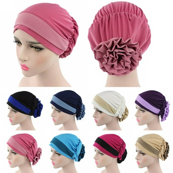 Walbest Women Elastic Flower Beanie Cap Chemo Hat Slouchy Snood Hat Cancer Headwear, Two-color Muslim Headwrap Hat