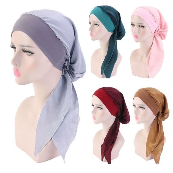 Walbest Women Imitation Silk Turban Bonnet Vintage Solid Color Long Hair Lady Chemotherapy Cap Shower Cap Sleeping Hat