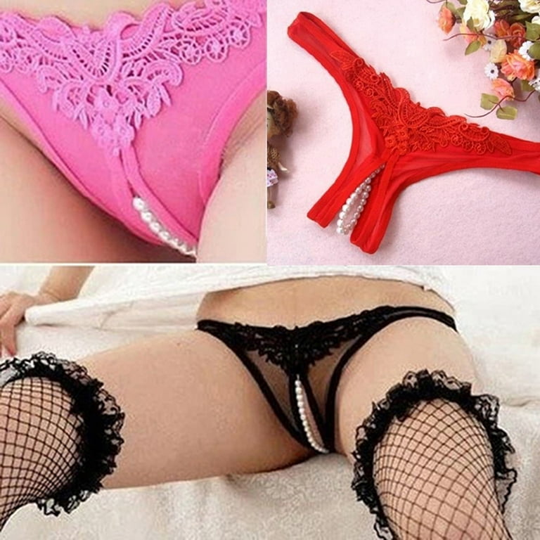 Women Hollow Out G-String Double Strap Pearl Open Crotch Thong