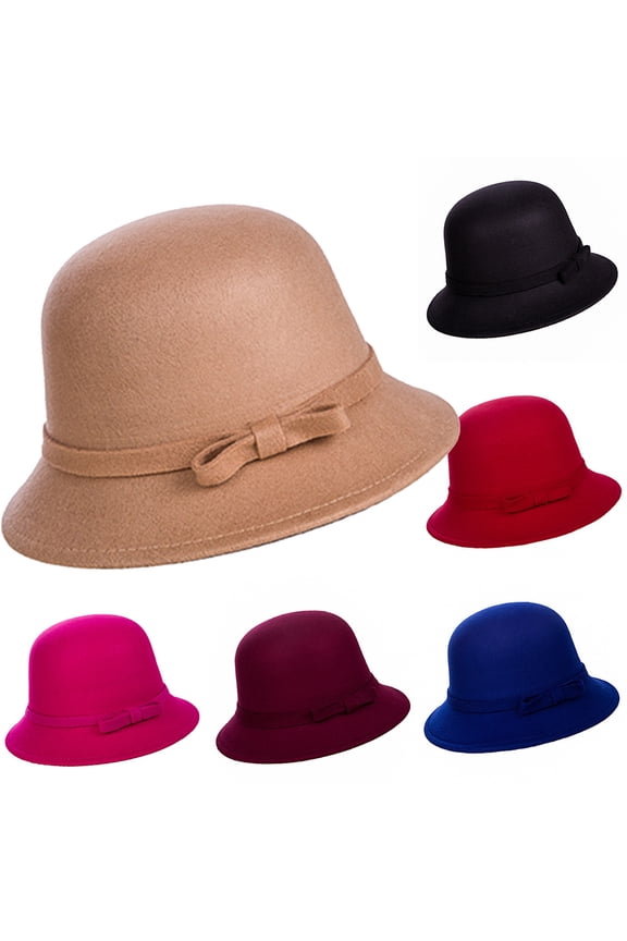 Womens 1920s Bucket Cloche Hat Winter Faux Wool Crushable Bowler Hat Vintage Cloche Round Hat