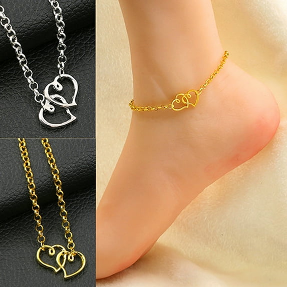 Walbest Womens Adjustable Hollow Double Love Heart Anklet Bracelet, Beach Sandal Chain Ankle Bracelet Anklet Foot Jewelry