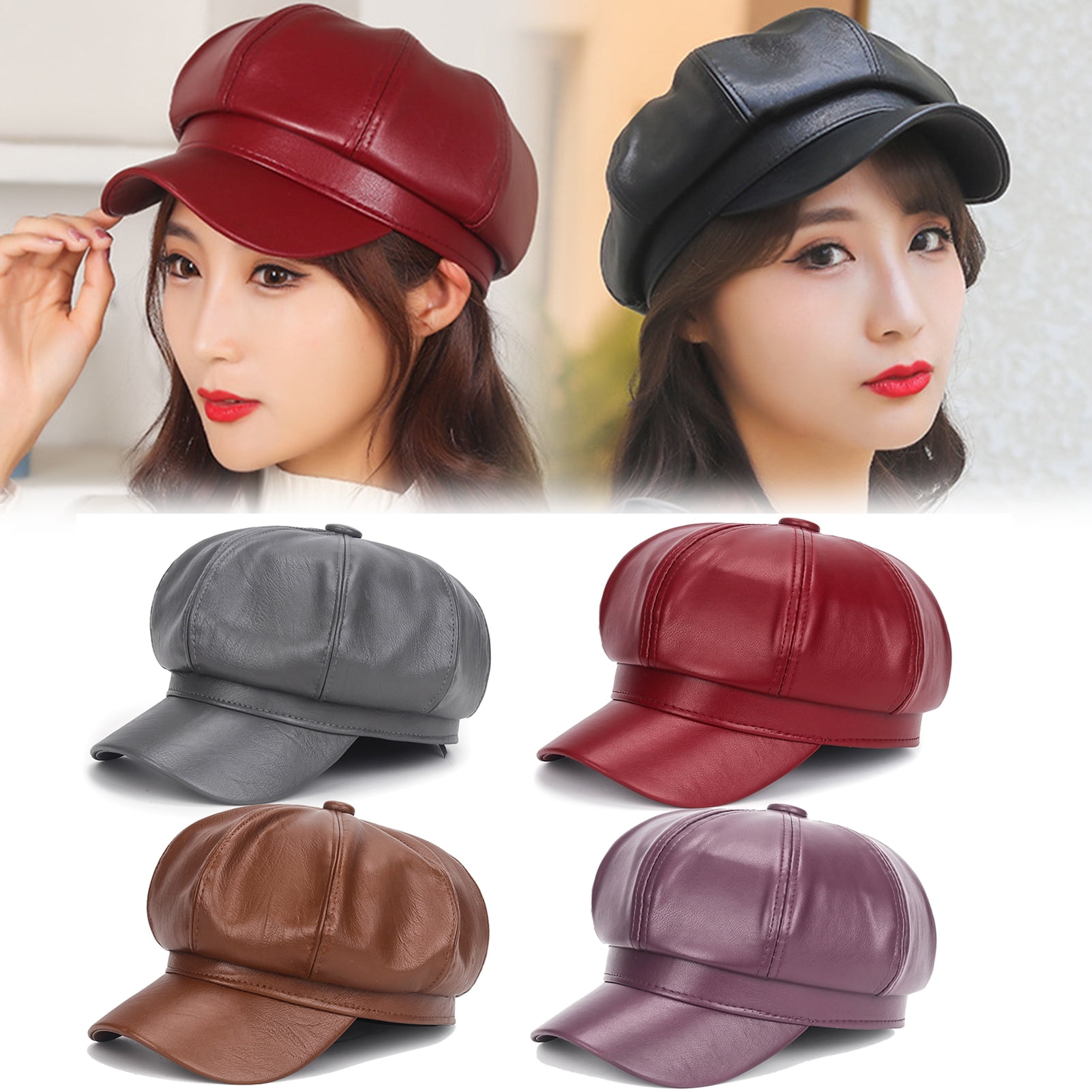 Walbest Womens Newsboy Cap, Faux Leather Beret Hat  display picture 2