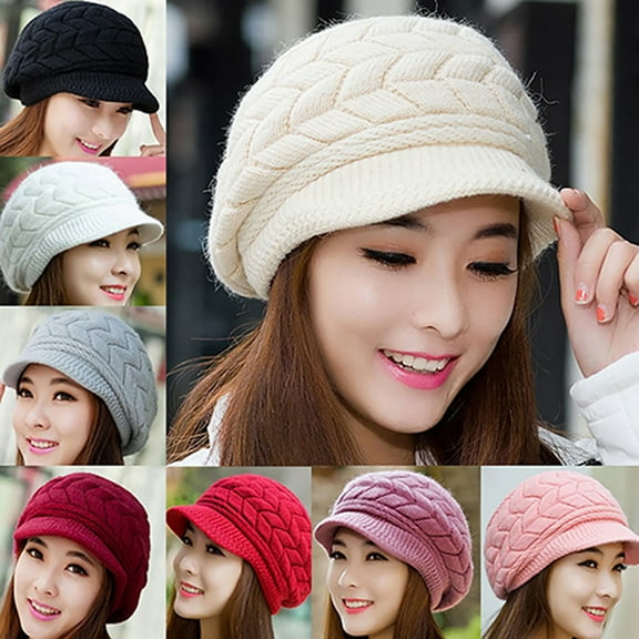 Walbest Womens Winter Soft Faux Rabbit Fur Warm Knitted Baggy Beret Narrow Brim Beanie Hat, Classic Slouch Snow Ski Cap with Visor