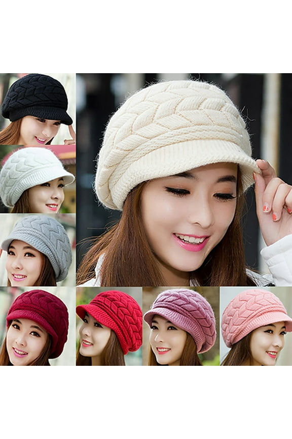 Womens Winter Soft Faux Rabbit Fur Warm Knitted Baggy Beret Narrow Brim Beanie Hat, Classic Slouch Snow Ski Cap with Visor