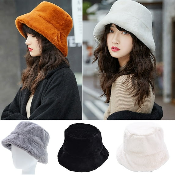 Walbest Womens Winter Warm Plush Bucket Cap, Solid Color Fluffy Flat Top Wide Brim Fisherman Hat, Women Men Warm Hat