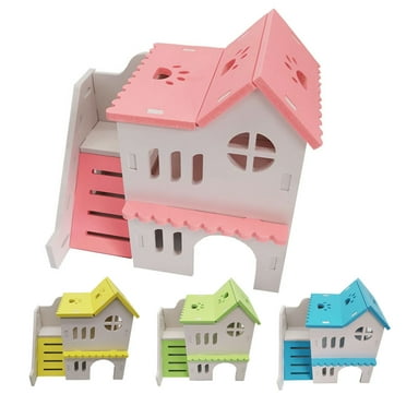 Walbest Wooden Hamster House, Assemble Ecological Wood Small Animal Hideout Hut Deluxe Double Deck Villa Slide Exercise Toys for Syria Hamster Mouse Rat Gerbil, 7.1" x 4.5" x 6.9"