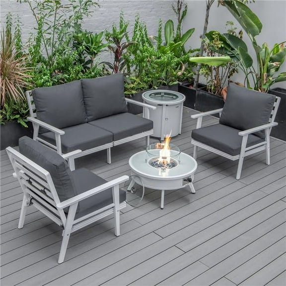 Walbrooke Modern White Patio Conversation with Round Fire Pit & Tank Holder, Charcoal
