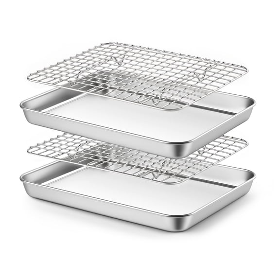 Walchoice Baking Pan with Rack Set(2 Pans + 2 Racks), 10.5” x 8” Stainless Steel Cookies Sheet Baking Tray Pan with Grid Rack, Medial Toaster Oven with Wire Cooling Rack, Dishwasher Safe