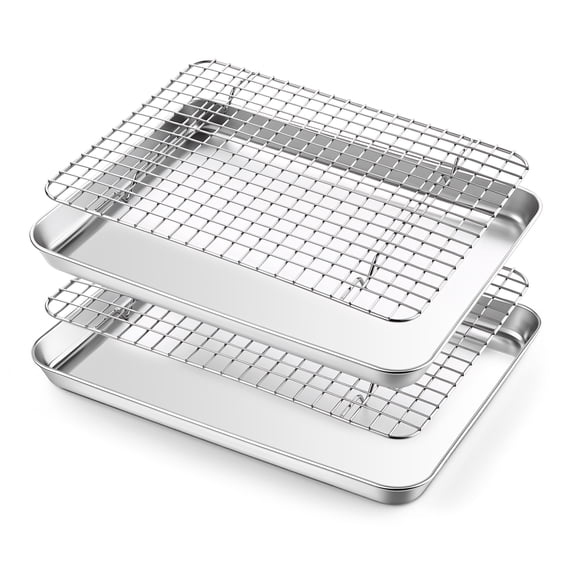 Walchoic Baking Pan with Rack Set(2 Pans + 2 Racks), 12.5” x 9.7” Stainless Steel Cookies Sheet Baking Tray Pan with Grid Rack, Large Toaster Oven with Wire Cooling Rack, Dishwasher Safe