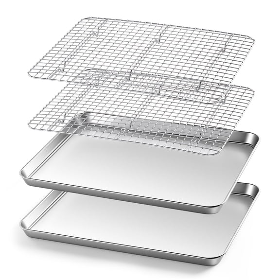 Walchoice Baking Pan with Rack Set(2 Pans 2 Racks), 16” x 12” Stainless Steel Cookies Sheet Baking Tray Pan with Grid Rack, Large Baking Set for Roasting , Heavy-duty & Dishwasher Safe