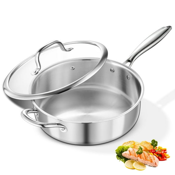 Walchoice 10 Inch Saute Pan, 4.5 QT Tri-Ply Stainless Steel Frying Pan Skillet, Large Deep Sauté Pan with Lid, Non Toxic & Dishwasher Safe, Compatible with All Stovetops