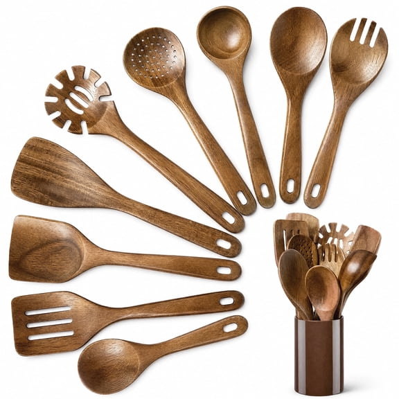 Walchoice Wooden Cooking Utensil Set, 10 PCS Natural Acacia Wood Utensils Set with Holder, Includes Spatula, Slotted Spoon, Pasta Server, Heat Resistant Cooking Tools for Nonstick Cookware