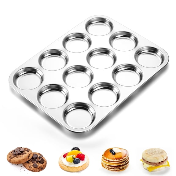 Walchoice 12-Cup Muffin Top Pan, Nonstick Stainless Steel Cupcake Pan for Baking, Regular Size Tin Tray for Cookie Pancake Hamburger Egg - 11” x 14.6”