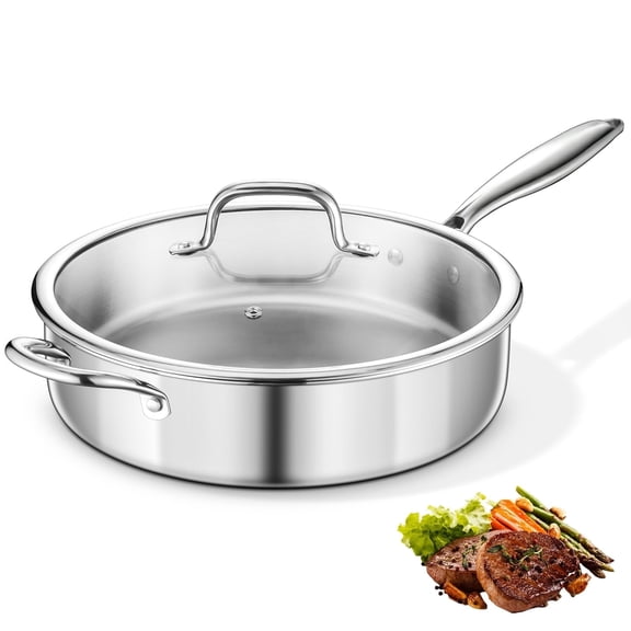 Walchoice 12 Inch Saute Pan, 6 QT Tri-Ply Stainless Steel Frying Pan Skillet, Large Deep Sauté Pan with Lid, Non Toxic & Dishwasher Safe, Compatible with All Stovetops