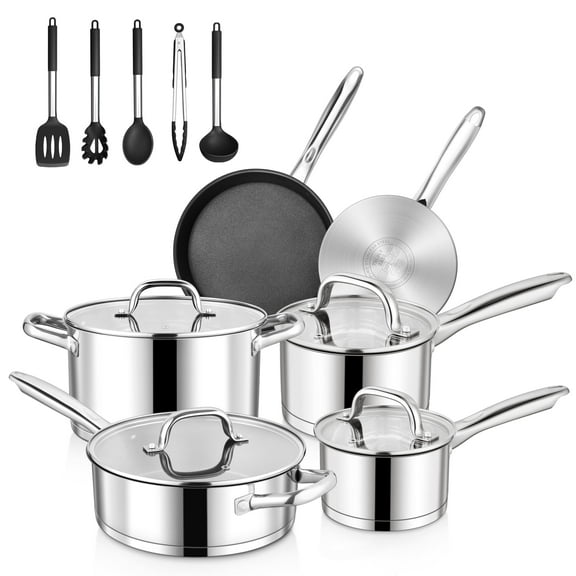 Walchoice 15-Piece Stainless Steel Cookware Set, 3-Ply Base Kitchen Pots and Pans Set, Non-toxic Induction Cooking Set Including Frying Pan Saucepan, Oven & Dishwasher Safe, All Stoves Compatible