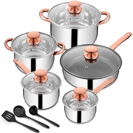 Walchoice 13-Piece Stainless Steel Pots and Pans Set, Kitchen Cookware Set with Glass Lid for Cooking, Induction & Dishwasher Safe, Copper