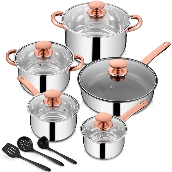Walchoice 13-Piece Stainless Steel Pots and Pans Set, Kitchen Cookware Set with Glass Lid for Cooking, Induction & Dishwasher Safe, Copper