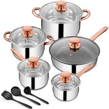 Walchoice 13-Piece Stainless Steel Cookware Set, Kitchen Pots and Pans Set with Glass Lid for Cooking, Induction & Dishwasher Safe, Copper