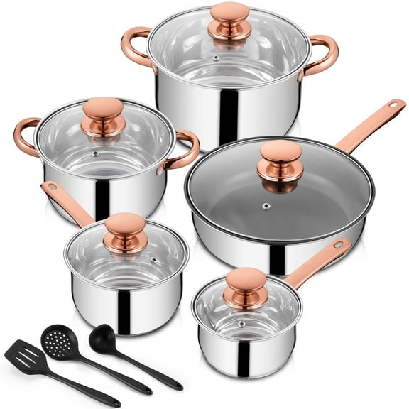 Walchoice 13-Piece Stainless Steel Pots and Pans Set, Kitchen Cookware Set with Glass Lid for Cooking, Induction & Dishwasher Safe, Copper
