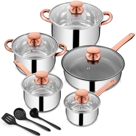 Walchoice 13-Piece Stainless Steel Pots and Pans Set, Kitchen Cookware Set with Glass Lid for Cooking, Induction & Dishwasher Safe, Copper