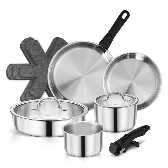 Walchoice 13Pcs Stainless Steel Cookware Set, 3-Ply Pots and Pans Set with Detachable Handles, Cooking Set for RV, Camping, Kitchen, Include Sauce/Frying/Saute Pan, All Stoves Compatible